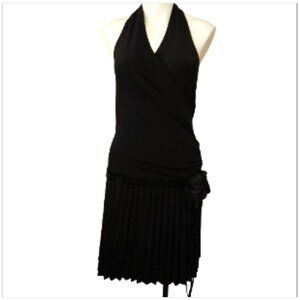Women Halter Dress M Black Windsor Sequin Rose Pleated Skirt Embellished Stretch